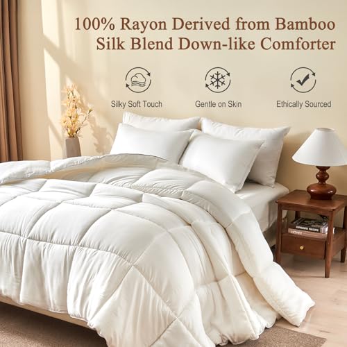 BPC 100% Rayon Derived from Bamboo Silk Blend Comforter Full/Queen Size, Ultra-Soft ClimaSilkโข Down-Alternative Duvet Insert for All Seasons with Corner Tabs, Medium Warmth, White, 82x86 Inches BPC