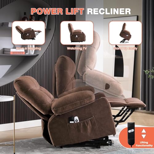 Ultra Wide Power Lift Recliner Chair for Elderly,Rotating Lounge Chair with Hot Massage Heating and Auxiliary Standing Function,Oversized Lazyboy Single Sofa with Cup Holder for Living Room (Brown)