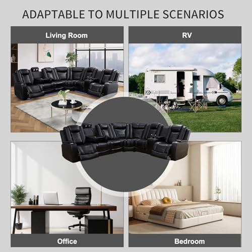 Daydo Sempli Power Reclining Sectional Sofa for Living Room,Modern L-Shaped Black Air Leather Sectional Couch Set,Recliner Sofa Set,with LED Lights,Cup Holder,Storage,Charging Ports,Home Theater Seat