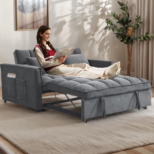 54" Convertible Sofa Bed, Velvet Sleeper Sofa with Pull-Out Bed, 3-in-1 Futon Couch with Reclining Backrest and Side Pocket, Modern Loveseat for Living Room (Medium Grey) Qinazoe