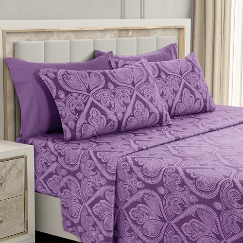 Ultra Soft Wrinkle-Free Microfiber Paisley Queen Sheet Set, Breathable Boho Bed Sheet Set – 16" Deep Pocket Fitted Sheet, Flat Sheet & 4 Pillowcases, Juegos de Sábanas, OEKO-TEX - Purple LDC LUX DECOR COLLECTION