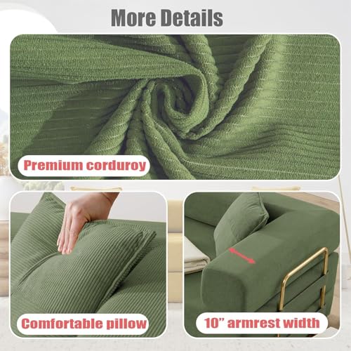 Vanress Convertible Folding Sofa Bed, Modern Futon Sleeper Sofa Fold Out Couch Bed with Gold Fixed Frame, Modular Floor Sofas Comfy Corduroy Boneless Couches for Living Room (78" Green) Vanress