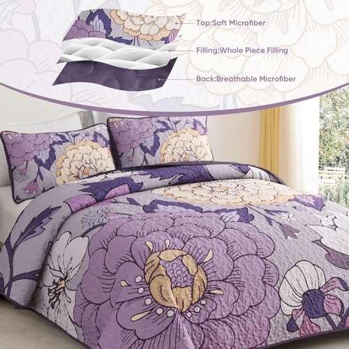 DJY Floral Quilt Set King Size Purple Boho Bedspread Coverlet Set, 3 Piece Microfiber Bohemian Botanical Farmhouse Floral Quilt Bedding Set with 2 Pillowcases for All Season (110''x90'') DJY