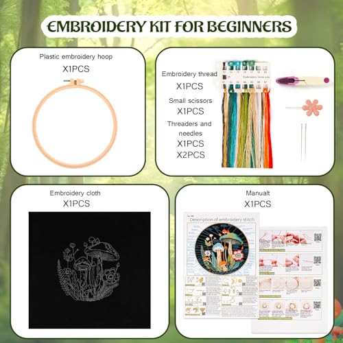 Mushroom Embroidery Kit for Beginners Adults, Stamped Hand Embroidery Kit, Embroidery Starter Kit with Floral and Mushroom Design, Cross Stitch Kits with Printed Embroidery Cloth and Embroidery Tools