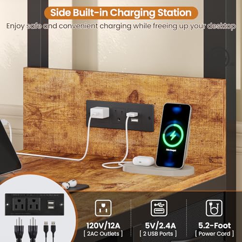 DICTAC Twin Over Full Bunk Bed with Desk,Led Lights and 4 Drawers,Metal Bunk Beds with Storage Headboard and Charging Station,L-Shaped bunk Bed for Kids/Teen with Safety Guardrail and Ladder,Black DICTAC