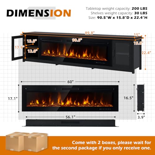 oneinmil 90" Fireplace TV Stand, 60 Inch Smart Fireplace & Modern Entertainment Center, Fire Place TV Console with WI-FI Enabled for TVs Up to 100", TV Stands for Living Room, Black oneinmil