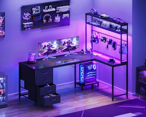 AODK L Shaped Gaming Desk with 4 Drawers, 59" Reversible Computer Desk with Hutch and Shelves, Gamer Desk with LED Lights, Power Outlets, Home Office Corner Desk with Gird Pegboard, Black AODK
