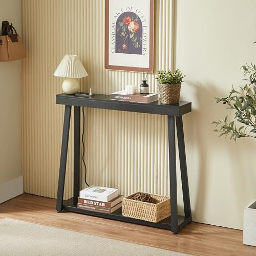 BOYUANH Narrow Small Entryway Console Table with Charging Station, Outlets&Ports, 36 Inch Thin High Tall Sofa Table for Entry Hallway, Living Room, Foyer, Behind Couch, Thick Metal Frame, Black BOYUANH