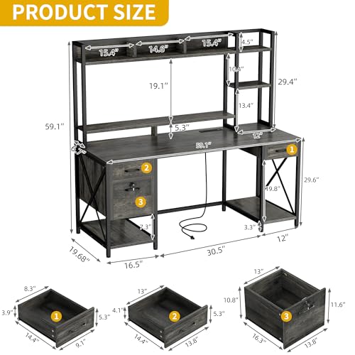 DWVO Computer Desk with Drawers & Hutch, 59.1" Office Desk with Power Outlets & LED Lights, Home Office Desk with Storage Shelves, Grey DWVO