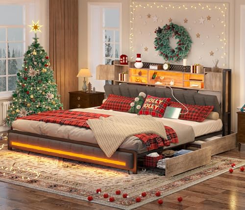 CSZZD King Size Bed Frame and Bookcase Headboard & Storage Drawers, LED Upholstered Platform Bed Frame King Size with USB Charging Station, No Box Spring Needed, Easy Assembly, Oak Gray CSZZD