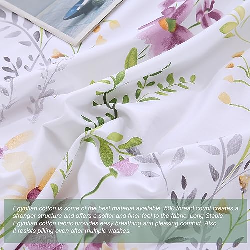 URBONUR Floral Duvet Cover Set Twin Size 3-Pieces Egyptian Cotton Percale Weave Garden Chic Flowers Comforter Bedding Set, Soft and Breathable Duvet Covers with Button Closure URBONUR