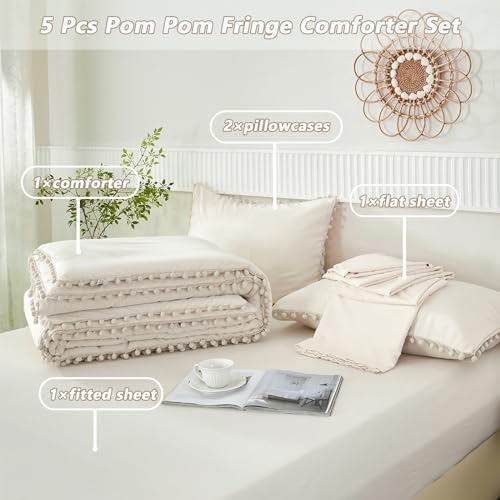 PERFEMET Beige Bed in A Bag Full Size 5 Pieces Aesthetic Pom Pom Bedding with Sheet Set Soft Fluffy Cream Boho Solid Bed Set for All Seasons(Beige Cream, Full) PERFEMET