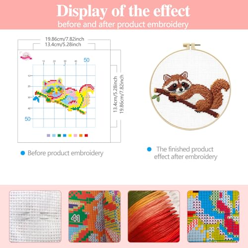 Zhenqing Raccoon Cross Stitch Kit for Beginners, 11CT Printed 20x20cm with 16cm Hoop, Cute Animal on Branch Embroidery Set (70740)
