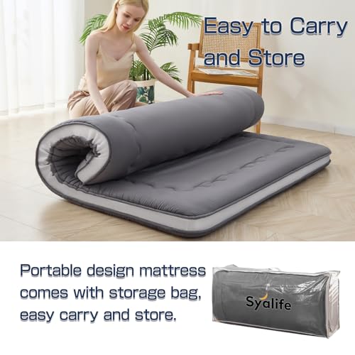 Syalife Japanese Futon Mattress Floor Mattress Queen Size, 4" Thicken Foldable & Portable Floor Bed Sleeping Pad, Traditional Shikibuton 32D Foam Filled, Design in Japan (Grey, 54 * 80) Syalife