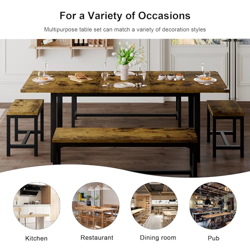 Feonase 5-Piece Dining Table for 4-8 People, 63" Extendable Kitchen Table Set with 2 Benches & 2 Square Stools, Dining Room Table with MDF Wood Board, Easy Clean, Rustic Brown Feonase