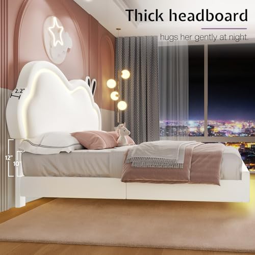 Jocisland LED Full Bed Frame for Girls Upholstered Floating Bed with Cute Cloud Headboard, No Box Spring Needed, Leather, White Jocisland