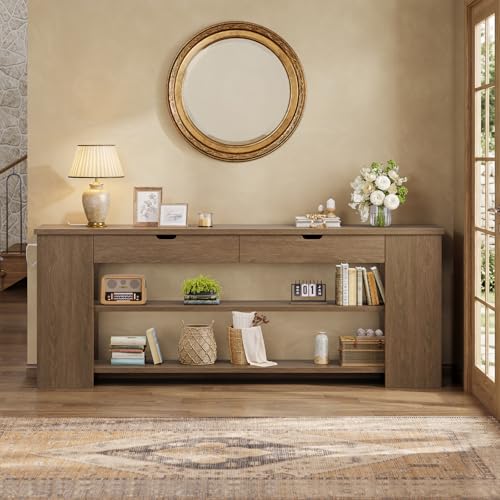 ANGRYWIN 71.8 Inch Extra Long Console Table with Drawers, Farmhouse Long Console Table with Shelves & Built-in Outlets, Entryway Table with Storage for Living Room, Entryway, Hallway, Brown ANGRYWIN