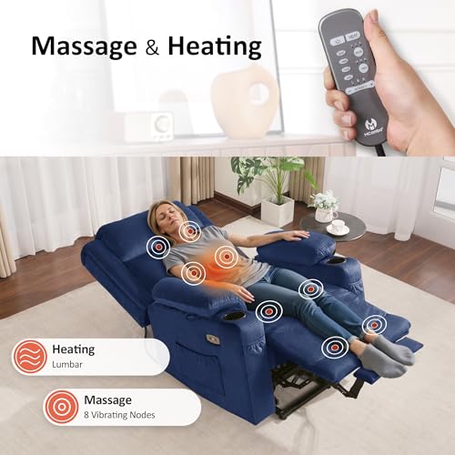 MCombo Lay Flat Triple Motor Power Lift Recliner Chair with Massage and Heat, Electric Recliner Chair for Elderly People, Adjustable Headrest, Infinite Position, Fabric 7662 (Navy Blue, Large)