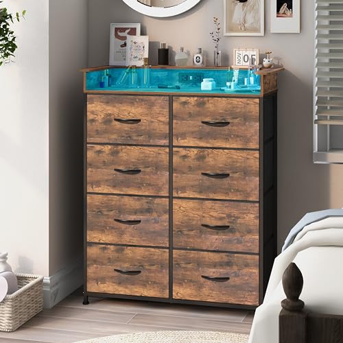 Welfuturer Tall Dresser for Bedroom with Charge Station 8 Drawers Dresser with LED Lights Chest Organizer Units for Hallway Entryway Closets Sturdy Steel Frame Wood Top Easy Pull Handle Rustic Brown Welfuturer