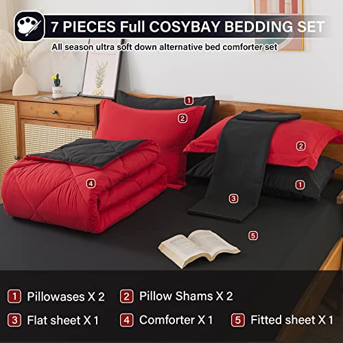 Cosybay Bed in a Bag Queen Reversible Comforter Sets 7pcs All Season Down Alternative Bedding Sets Red and Black with Comforter, Pillow Shams, Flat Sheet, Fitted Sheet and Pillowcase Cosybay
