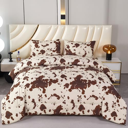 PERFEMET Cow Print King Size Comforter Set Brown and Beige Western Bedding Set Cartoon Animal Pattern Farmhouse Bed Set for Teens Boys Girls Men Women (Beige,King) PERFEMET