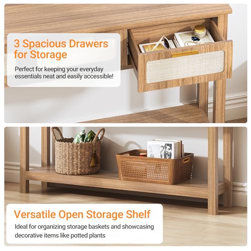 ELYKEN 51.2" Entryway Table with 3 Rattan Drawers, Boho Console Table Narrow with Storage, Long Sofa Table for Behind Couch Entry Hallway, Entrance, Living Room, Oak Brown ELYKEN