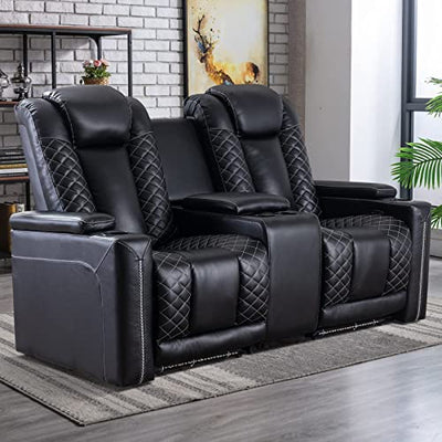 CANMOV Home Theater Seating, Electric Power Recliner Chairs with USB Ports and Cup Holders, Breathable Faux Leather Recliner Set with Hidden Arm Storage, Ambient Lighting (Row of 2, Black)