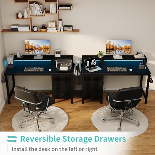 Lufeiya Gaming Desk with LED Lights and Power Outlets, 47 inch Computer Desk with Fabric Drawers, Reversible Home Office Desk with Monitor Stand, Black Lufeiya