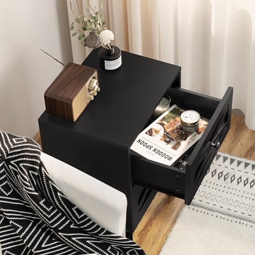 Lerliuo Nightstand Set of 2, Black End Table with 2 Drawers Barn Door Decorated, Mid Century Modern Night Stand, Bed Side Table with Storage, Solid Wood Legs Cabinet Dresser for Living Room, Bedroom Lerliuo