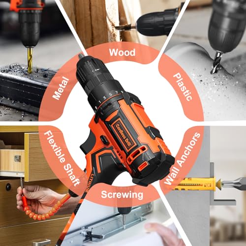 Cordless Drill, 20V Power Drill, Double 2000mAh Batteries Electric Drill, Cordless Drill with Battery and Charger, 3/8" Keyless Chuck Battery Drill with 25+1 Max 370 In-lb Torque, 42Pcs Drill Bits VIWKO