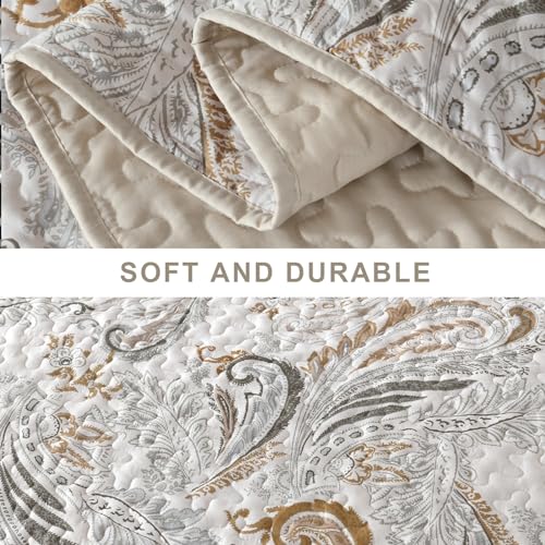 WONGS BEDDING Boho Quilt Set Queen,Beige Paisley Floral Pattern Bedspread Coverlet Set with 2 Pillowcases,Lightweight Microfiber Bohemian Quilt Bedding Set 96"×90" WONGS BEDDING