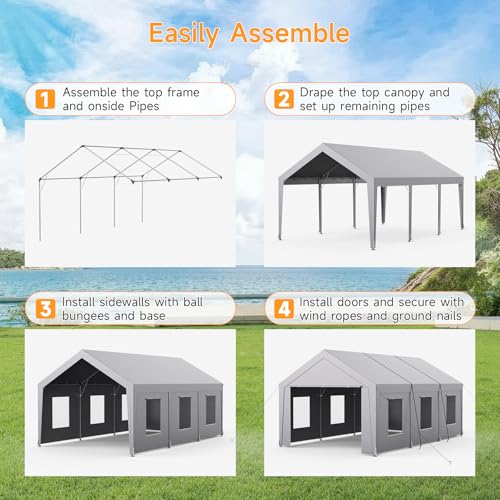 Carport 12x20 ft Heavy Duty, Car Port with Reinforced Steel Frame and 6 Roll-up Windows, Portable Garage with Removable Sidewalls, Water-Proof All-Season Car Canopy for Boat, Truck, Light Grey ONBRILL