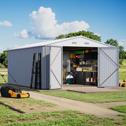 Greesum 10×14 FT Outdoor Storage Shed, Metal Storaged Sheds Without Floor, Tool Sheds with Lockable Doors and Sloping Roof for Garden, Patio, Backyard, Gray Greesum
