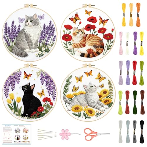 BEUNITONE 4 Set Embroidery Kit for Beginners, Cat and Butterfly Pre-Stamped Pattern Needlepoint Kits for Adults with Hoop and Instruction, Cute Hand Embroidery Patterns for Cloth and Home Decor