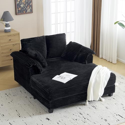 VINGLI 56" Oversized Chaise Lounge Chair, Black Comfy Corduroy Chaise Sofa Recliner Bed Upholstered Sleeper Couch Bed with Throw Pillows and Armrests for Living Room, Movie Room, Bedroom