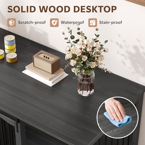 Homiflex 70.86" Double Dog Crate Furniture for 2 Medium Large Dogs Wooden Heavy Duty Dog Kennel Furniture with 2 Sliding Doors and Divider Decorative Dog Cage TV Stand End Table for Indoor Drak Grey Homiflex