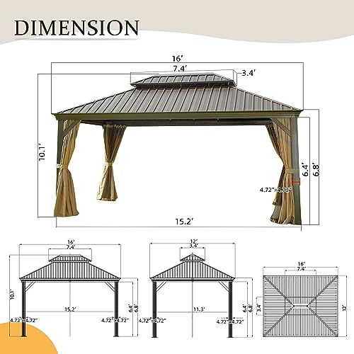 12' x 16' Hardtop Gazebo Outdoor Aluminum Gazebos Grill with Galvanized Steel Double Canopy for Patios Deck Backyard,Curtains&Netting by domi outdoor living Brown domi outdoor living