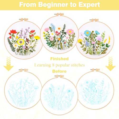 RidaaFri Embroidery Kit for Beginners, Set of 3 Flower Pattern DIY Practice Kits for Adults, Hand Embroidery Set with Step-by-Step Guide & Video Tutorial, Includes Hoop, Needles, Floss