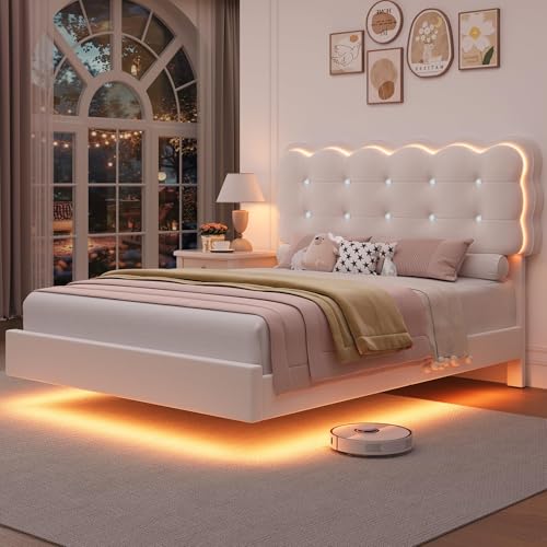 HIFIT Upholstered Full Size LED Bed Frame with Charging Station and Adjustable Crystal Button-Tufted Puffs Headboard, Velvet Princess Floating Platform Bed Frames for Girls, No Box Spring Needed,Beige HIFIT