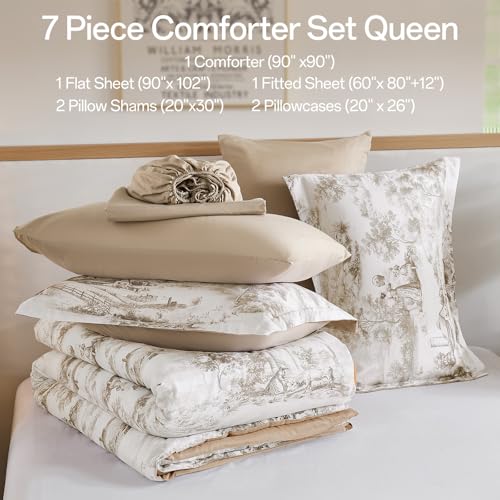 WONGS BEDDING Brown Comforter Set Queen Size, 7 Pieces Botanical Comforters with Sheets, Soft Microfiber Farmhouse Floral Complete Bedding Sets for All Season WONGS BEDDING
