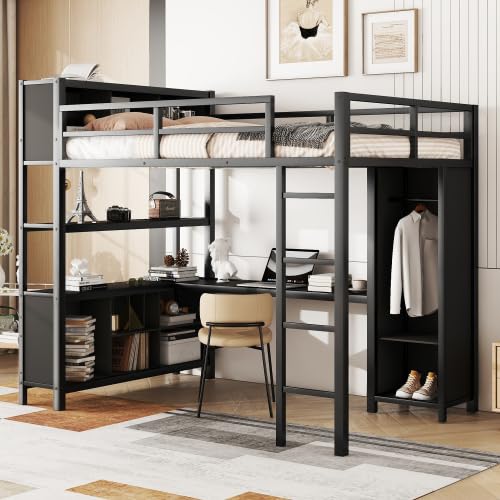 Bellemave Metal Loft Bed with Wardrobe and L-Shaped Desk, Full Size Loft Bed with Storage Cubes and Shelves, Heavy Duty Loft Bed for Kids Teens Adults, Black Bellemave