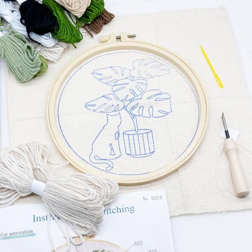 Allazone 3 Set Embroidery Starter Kits for Beginner, Cat Punch Needle Kit with Instruction, Plastic Hoop, Yarns and Embroidery Handle Needle Pen