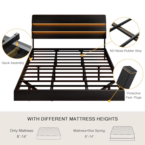 Einhomn Floating Bed Frame King with Led Lights & Charging Station, King Size Platform Bed Frame w/Storage Headboard, Heavy Slats Support, No Box Spring Needed, Easy Assembly, Black Einhomn