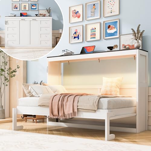 Twin Size Murphy Bed with LED Light, Foldable Wall Cabinet Bed, Hidden Design (White) BEDGJH