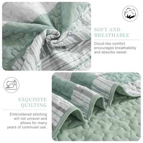 DJY Striped Quilt Set King Size, Sage Green Boho Bedspread Set 3 Pieces Patchwork Coverlet Bedding Set Lightweight Soft Microfiber for All Season (104"x90") DJY