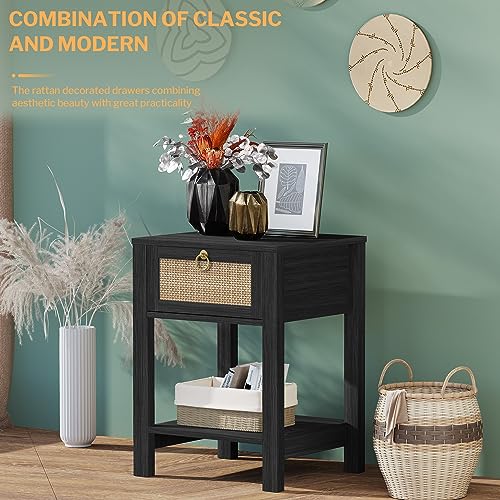 SICOTAS Black Nightstand Set of 2 - Rattan Decor Drawer with Brass Knobs Night Stand Wood Bedside Table Boho End Tables Side Tables with Storage Shelf SICOTAS
