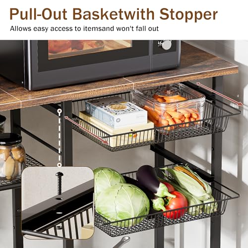LAKEMID Kitchen Bakers Rack,Microwave Stand with Storge 3-Tier,Coffee Bar Station,6 S-Shaped Hook,Kitchen Storage Shelf,33.7D x 14.9W x 29.9H Inches,Rustic Brown