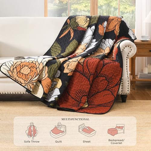 Andency Floral Boho Quilt King Size Bedding Set Black, 3 Pieces Farmhouse Flower Botanical Summer Bedspreads with 2 Shams, Soft Reversible Lightweight Microfiber Coverlet Set for All Season, 106"x96" Andency