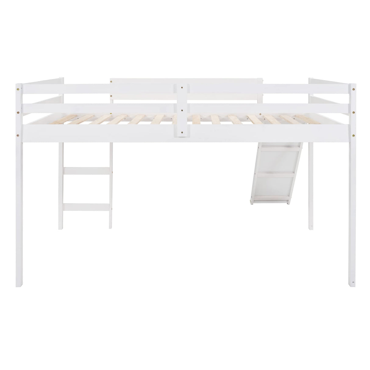 Full Size Loft Bed with Slide, Low Loft Bed with Ladder & Safety Rail, Wooden Full Loft Bed Frame for Kids Teens Girls & Boys, No Box Spring Needed, Easy Assemble (Full, White) Harper & Bright Designs