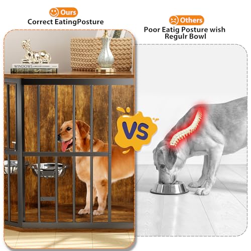 APRILSOUL 42 inch Furniture Dog Crate Corner, Dog Kennel Corner Wooden End Table with Bowl, Indoor Pet Crates Corner Side Table for Dogs, Wide Top Perfect for Limited Room APRILSOUL